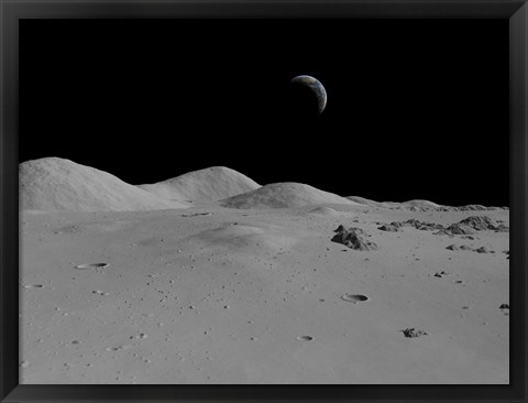 Framed Artist&#39;s Concept of a View Across the Surface of the Moon Towards Earth in the Distance Print