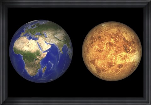 Framed Artist&#39;s concept showing Earth and Venus without their Atmospheres Print
