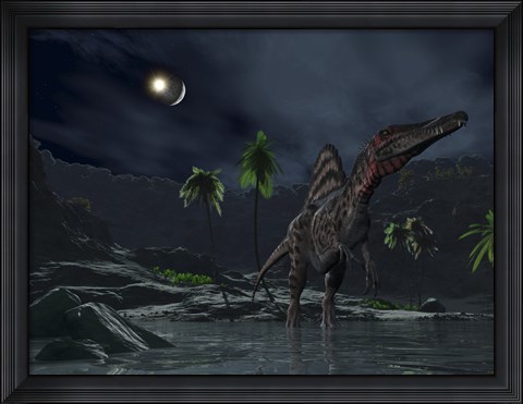 Framed Asteroid Impact on the Moon while a Spinosaurus Wanders in the Foreground Print