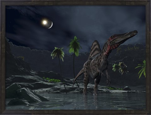 Framed Asteroid Impact on the Moon while a Spinosaurus Wanders in the Foreground Print