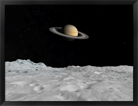 Framed Artist&#39;s concept of Saturn as seen from the Surface of its Moon Lapetus Print