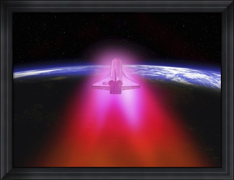 Framed Illustration of a space shuttle re-entering the Earth&#39;s atmosphere Print