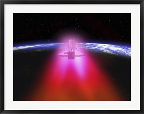 Framed Illustration of a space shuttle re-entering the Earth&#39;s atmosphere Print