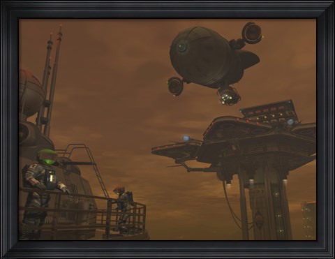 Framed Illustration of a Spacecraft and Astronauts at a Mining site on Saturn&#39;s Moon Titan Print