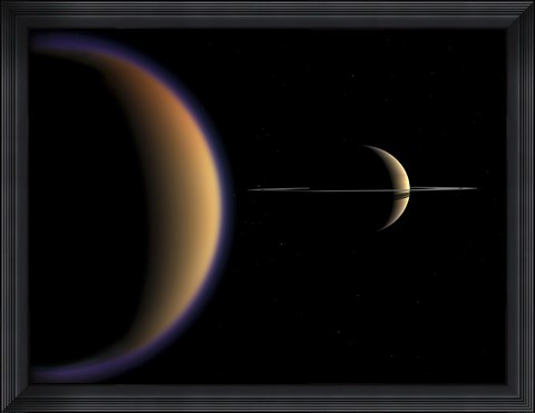 Framed Artist&#39;s concept of Saturn and its Moon Titan Print