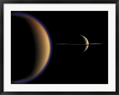 Framed Artist&#39;s concept of Saturn and its Moon Titan Print