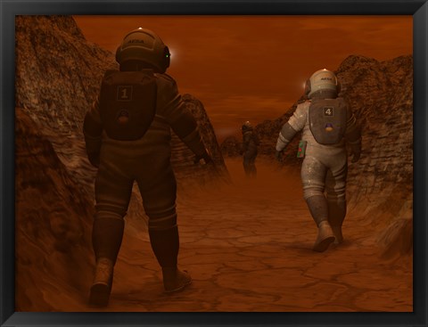 Framed Artist&#39;s concept of Astronauts Exploring a Dry Gully on Saturn&#39;s Moon Titan Print