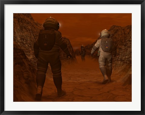 Framed Artist&#39;s concept of Astronauts Exploring a Dry Gully on Saturn&#39;s Moon Titan Print