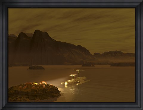 Framed Artist&#39;s concept of a Robotic Probe Exploring a Frigid Ethane Lake on Titan Print