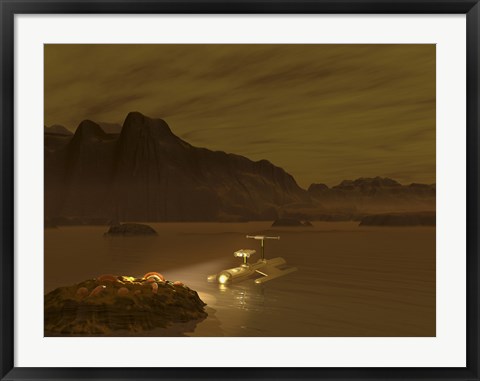 Framed Artist&#39;s concept of a Robotic Probe Exploring a Frigid Ethane Lake on Titan Print