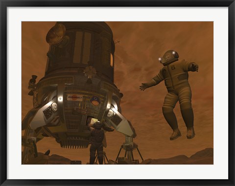 Framed Artist&#39;s concept of Astronauts Exploring the Surface of Saturn&#39;s Moon Titan Print