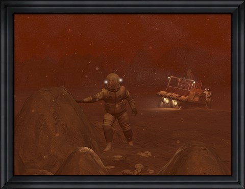 Framed Illustration of Astronauts Exploring the Surface of Saturn&#39;s Moon Titan During a Blizzard Print
