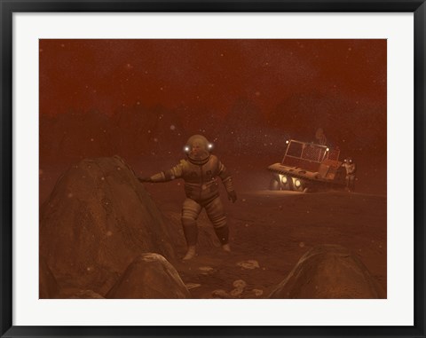 Framed Illustration of Astronauts Exploring the Surface of Saturn&#39;s Moon Titan During a Blizzard Print