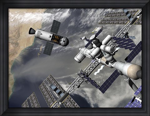 Framed Artist&#39;s concept of a Trans-Lunar Space Tug Departing the International Space Station Print