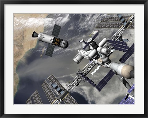 Framed Artist&#39;s concept of a Trans-Lunar Space Tug Departing the International Space Station Print