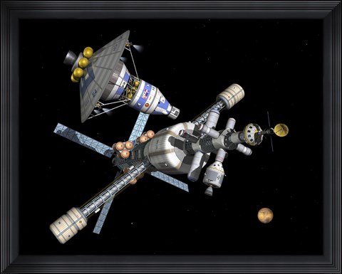 Framed Manned Mars Lander/Return Vehicle Disembarks from a Mars Cycler Print