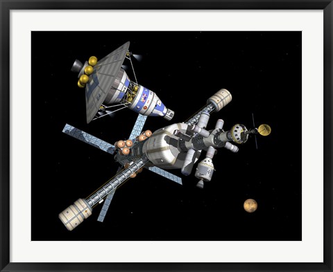Framed Manned Mars Lander/Return Vehicle Disembarks from a Mars Cycler Print