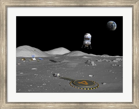 Framed Lunar Shuttle Descends Toward a Manned Outpost on the Moon Print
