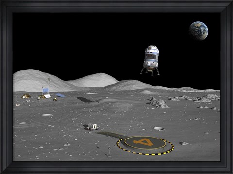 Framed Lunar Shuttle Descends Toward a Manned Outpost on the Moon Print