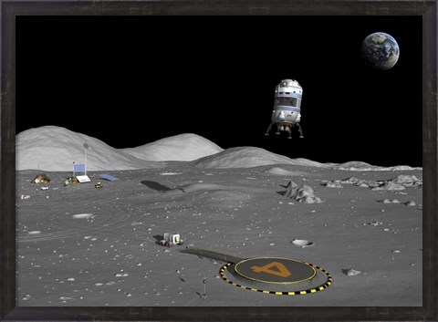 Framed Lunar Shuttle Descends Toward a Manned Outpost on the Moon Print