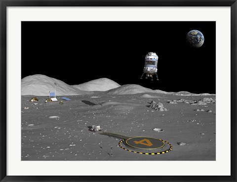 Framed Lunar Shuttle Descends Toward a Manned Outpost on the Moon Print