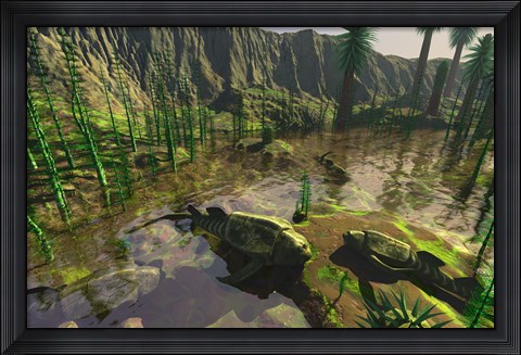 Framed Several Bothriolepis Emerge from a Shallow Tributary onto Dry Land Print