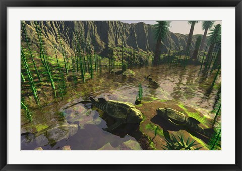 Framed Several Bothriolepis Emerge from a Shallow Tributary onto Dry Land Print