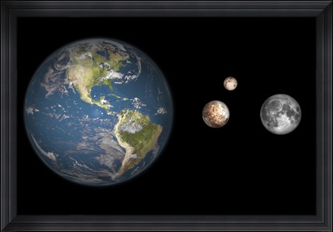 Framed Artist&#39;s concept of the Earth, Pluto, Charon, and Earth&#39;s moon to scale Print