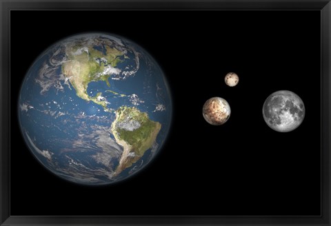 Framed Artist&#39;s concept of the Earth, Pluto, Charon, and Earth&#39;s moon to scale Print