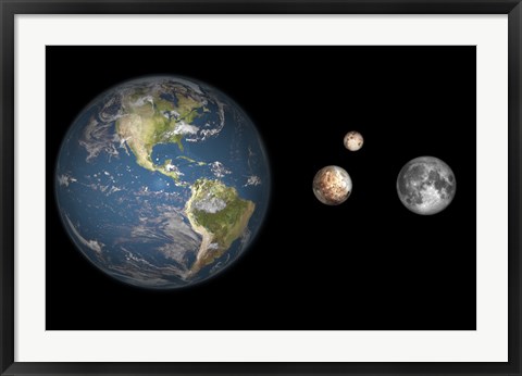 Framed Artist&#39;s concept of the Earth, Pluto, Charon, and Earth&#39;s moon to scale Print