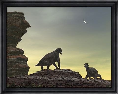 Framed Two Giant Moschops Face off on a Sandstone Mesa 250 Million years ago Print