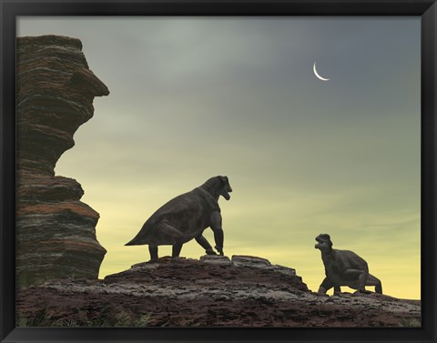 Framed Two Giant Moschops Face off on a Sandstone Mesa 250 Million years ago Print