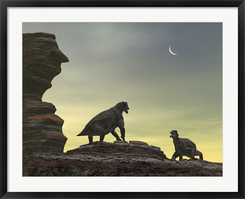 Framed Two Giant Moschops Face off on a Sandstone Mesa 250 Million years ago Print