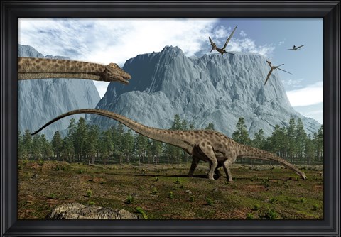 Framed Diplodocus Dinosaurs Graze While Pterodactyls Fly Overhead Print