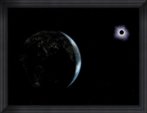 Framed Illustration of the City Lights on a Dark Earth During a Solar Eclipse Print