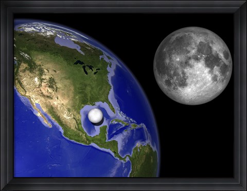 Framed Illustration of Enceladus in front of the Earth and next to Earth&#39;s moon Print