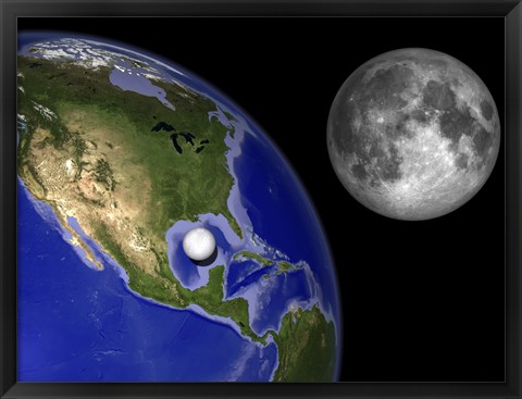 Framed Illustration of Enceladus in front of the Earth and next to Earth&#39;s moon Print