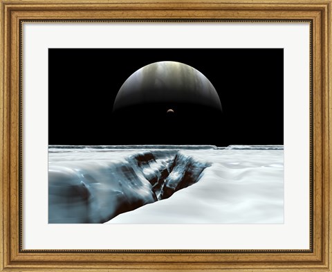 Framed Crescent Jupiter and Volcanic Satellite, Io, Hover over the Horizon of the Icy Moon of Europa Print