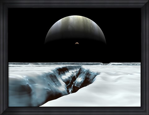 Framed Crescent Jupiter and Volcanic Satellite, Io, Hover over the Horizon of the Icy Moon of Europa Print