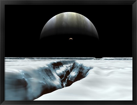 Framed Crescent Jupiter and Volcanic Satellite, Io, Hover over the Horizon of the Icy Moon of Europa Print