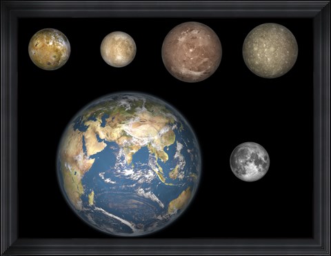 Framed Artist&#39;s Concept of Jupiter&#39;s Four largest Satellites laid out above the Earth and it&#39;s Moon Print