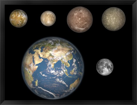 Framed Artist&#39;s Concept of Jupiter&#39;s Four largest Satellites laid out above the Earth and it&#39;s Moon Print