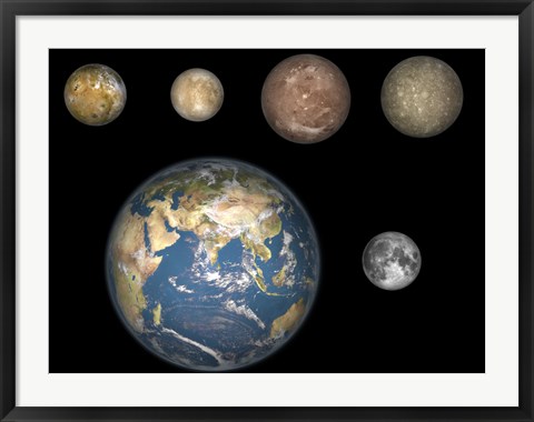 Framed Artist&#39;s Concept of Jupiter&#39;s Four largest Satellites laid out above the Earth and it&#39;s Moon Print