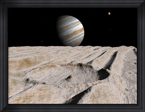 Framed Artist&#39;s Concept of an Impact Crater on Jupiter&#39;s Moon Ganymede, with Jupiter on the Horizon Print