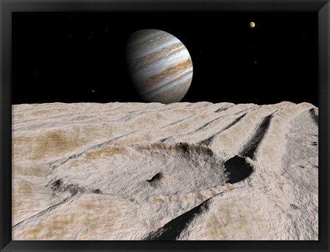 Framed Artist&#39;s Concept of an Impact Crater on Jupiter&#39;s Moon Ganymede, with Jupiter on the Horizon Print