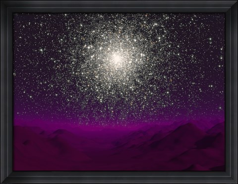 Framed Illustration of a Globular Cluster Over the Terrain of a Barren Planet Print