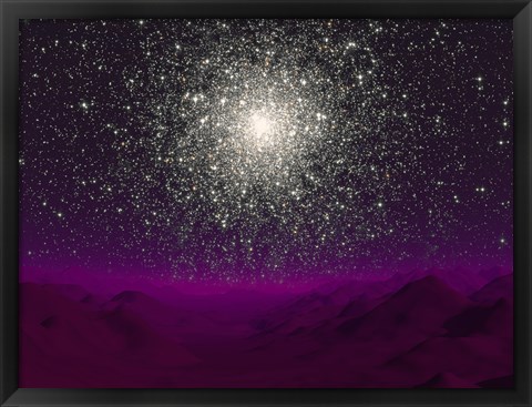 Framed Illustration of a Globular Cluster Over the Terrain of a Barren Planet Print
