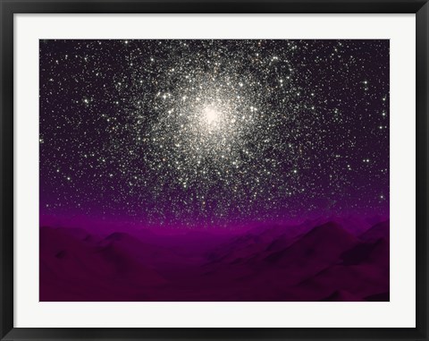 Framed Illustration of a Globular Cluster Over the Terrain of a Barren Planet Print