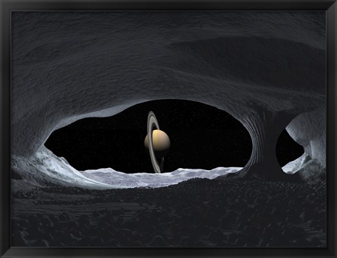 Framed Artist&#39;s Concept of how Saturn might appear from within a Hypothetical Ice Cave on Lapetus Print