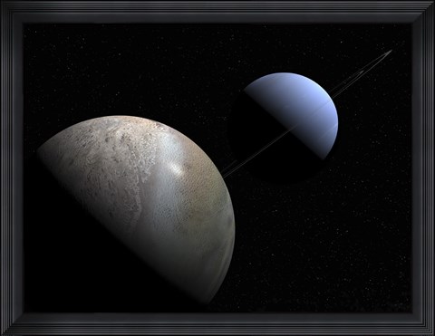 Framed Illustration of the Gas Giant Planet Neptune and its Largest Moon Triton Print